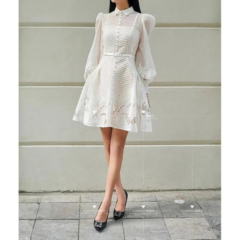 Elegant White Lace A-Line Dress -Guocali