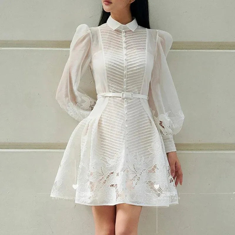 Elegant White Lace A-Line Dress -Guocali