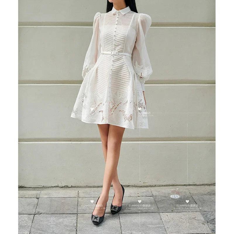 Elegant White Lace A-Line Dress - White Dress - Guocali