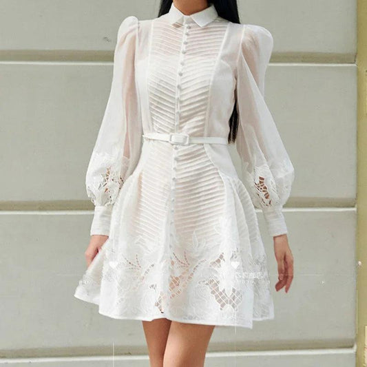 Elegant White Lace A-Line Dress - White Dress - Guocali