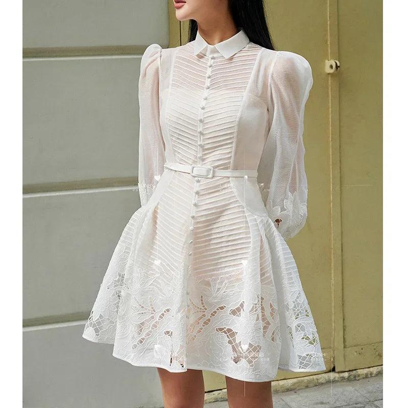 Elegant White Lace A-Line Dress - White Dress - Guocali