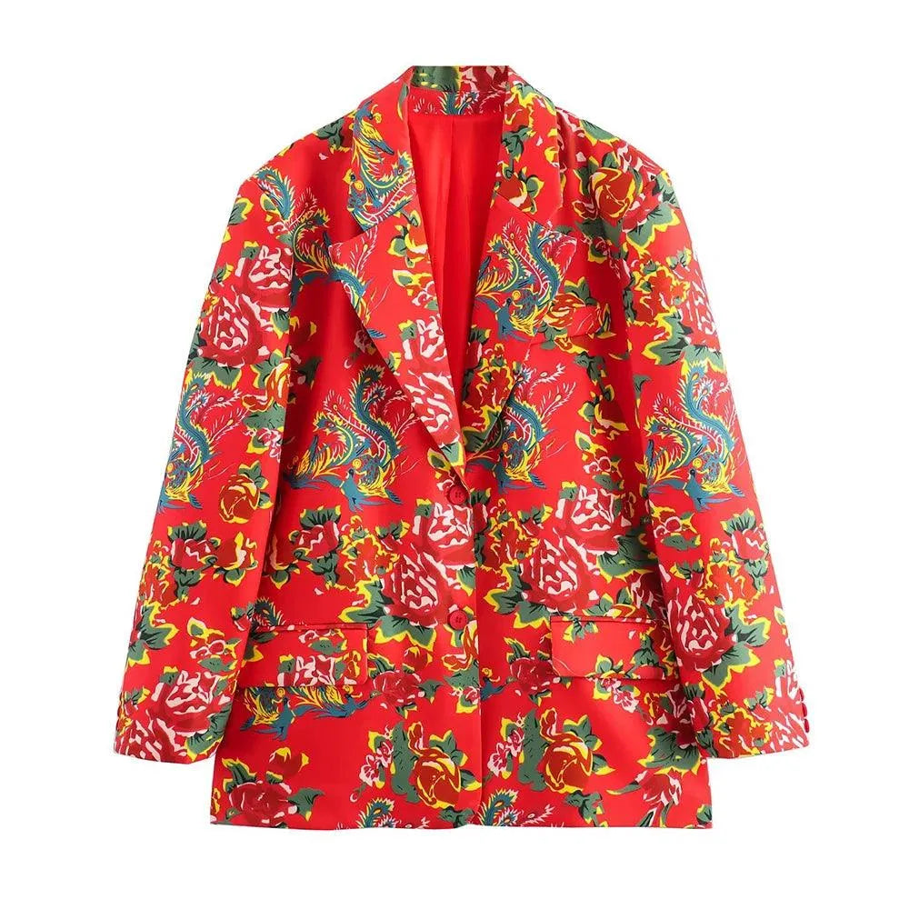 Elegant Women's Pant Suit - Floral Single-Breasted