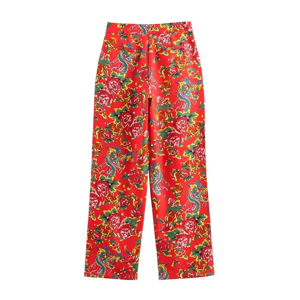 Elegant Women's Pant Suit - Floral Single-Breasted