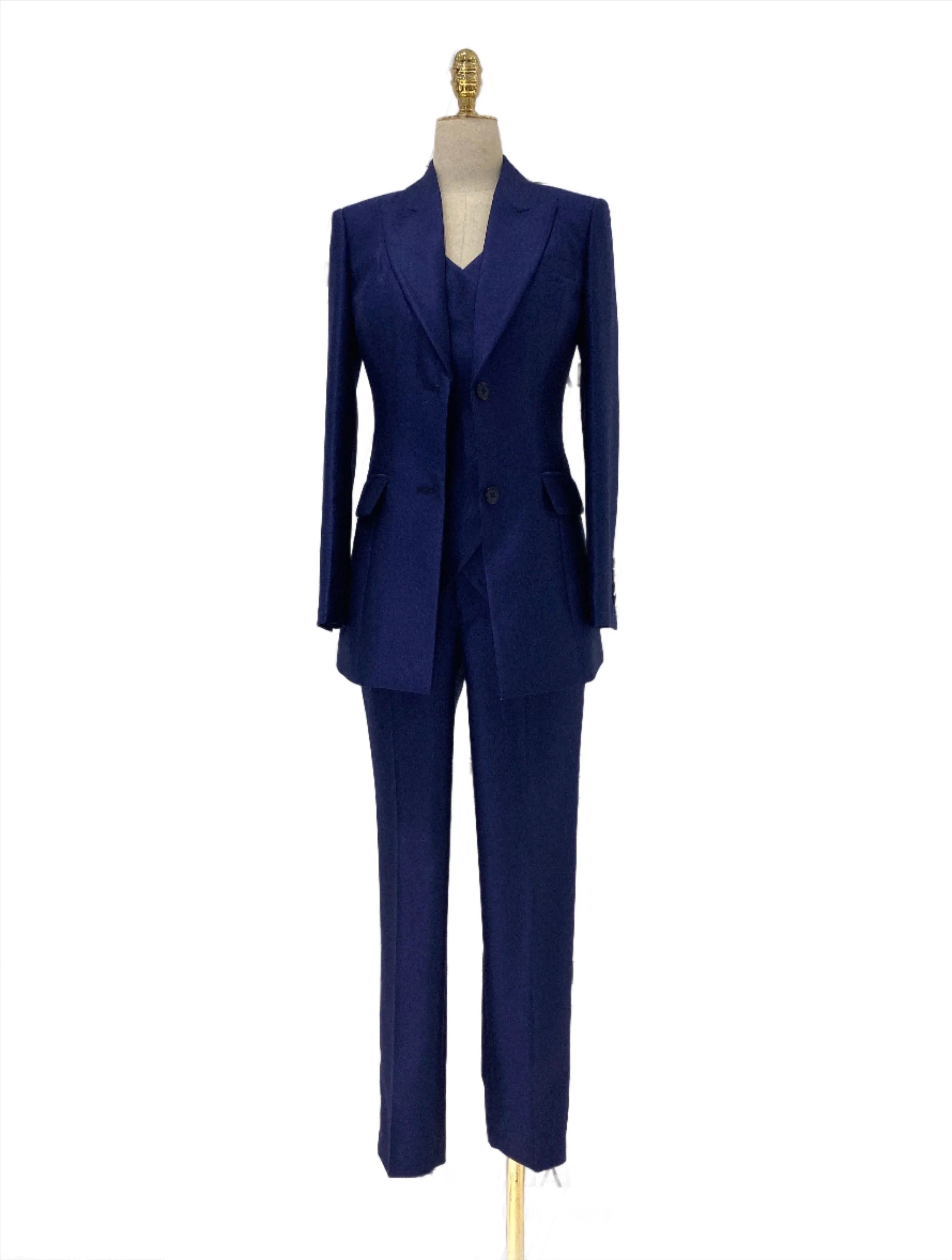 Elegant Women's Pant Suit - Solid Button - Navy