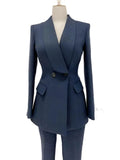 Elegant Women's Pant Suit - Solid Double-Breasted - Navy