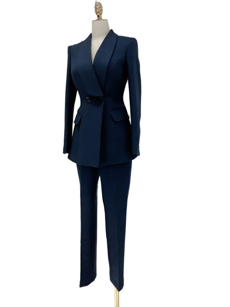 Elegant Women's Pant Suit - Solid Double-Breasted - Navy