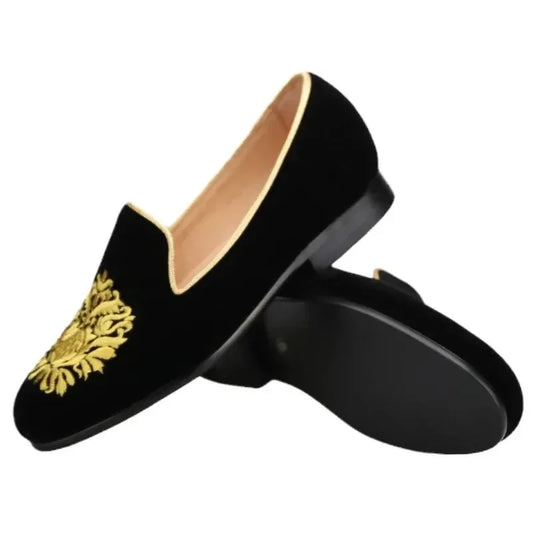 Embroidered Gold Floral Velvet Women Loafers -Guocali