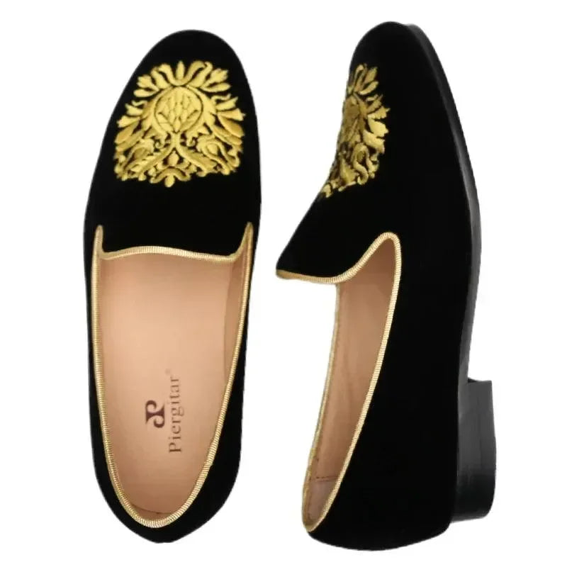 Embroidered Gold Floral Velvet Women Loafers -Guocali
