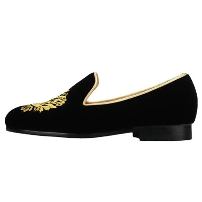 Embroidered Gold Floral Velvet Women Loafers -Guocali