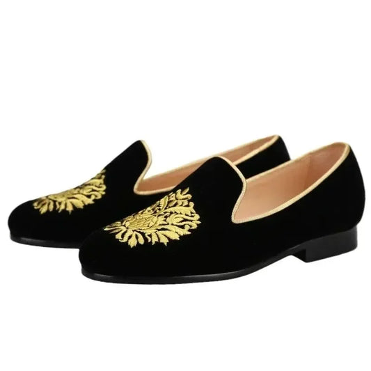 Embroidered Gold Floral Velvet Women Loafers -Guocali