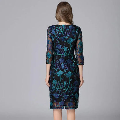 Embroidered Three-Quarter Knee-Length Lace Dress -Guocali