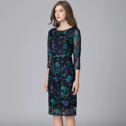 Embroidered Three-Quarter Knee-Length Lace Dress -Guocali