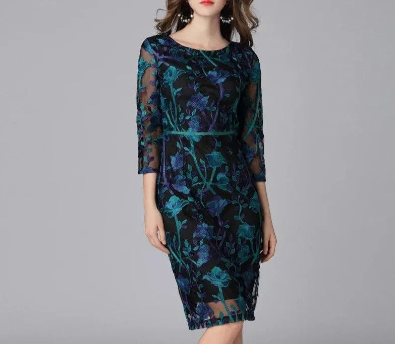 Embroidered Three-Quarter Knee-Length Lace Dress -Guocali
