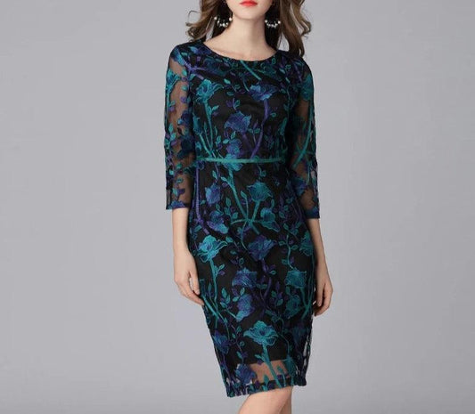 Embroidered Three-Quarter Knee-Length Lace Dress - Lace Dress - Guocali