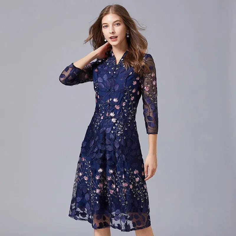 Embroidered V-Neck Floral Knee-Length Dress -Guocali