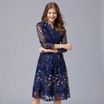 Embroidered V-Neck Floral Knee-Length Dress - Floral Dress - Guocali