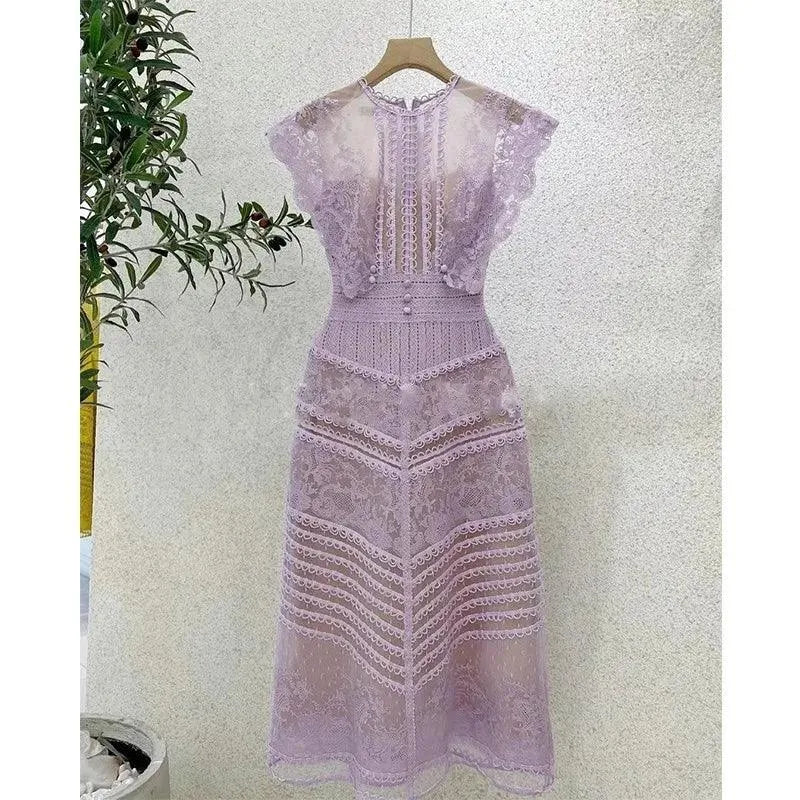 Embroidery Hollow Out Mid-Length Lace Dress -Guocali