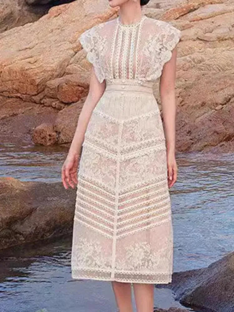 Embroidery Hollow Out Mid-Length Lace Dress -Guocali