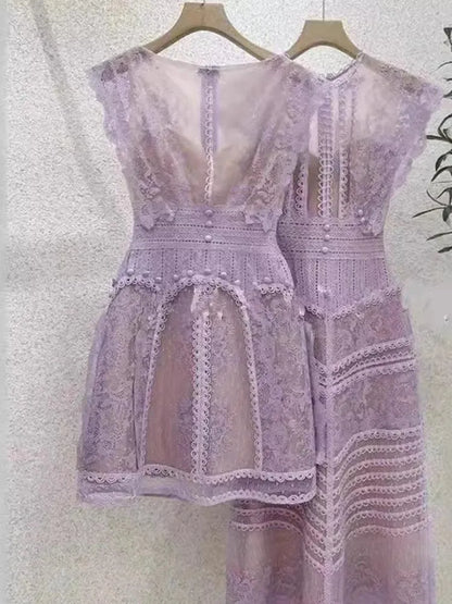 Embroidery Hollow Out Mid-Length Lace Dress -Guocali