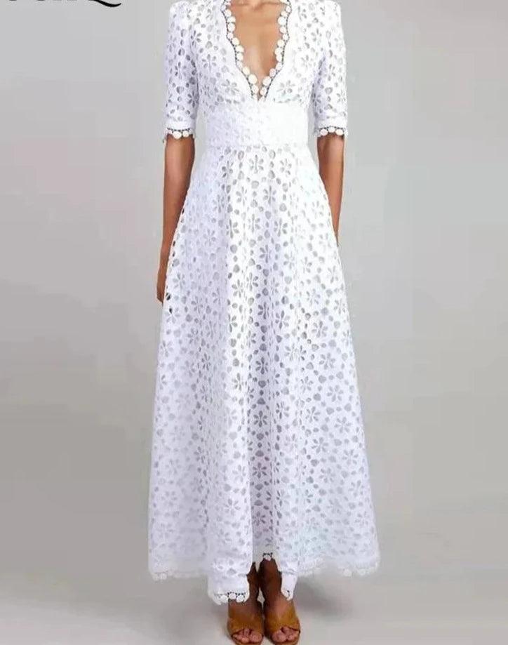 Fairy Style V-Neck Lace Dress - White Dress - Guocali