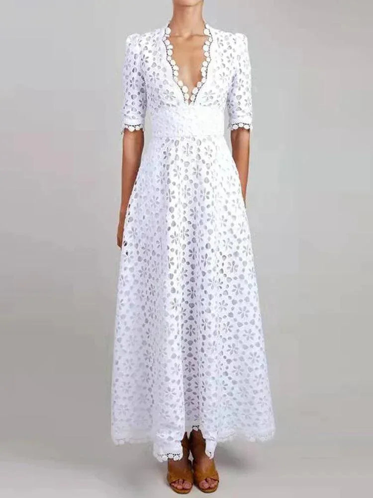 Fairy Style V-Neck White Lace Dress -Guocali