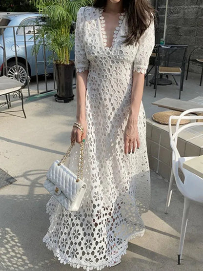 Fairy Style V-Neck White Lace Dress -Guocali