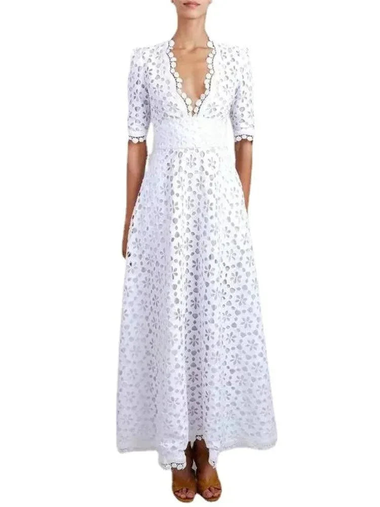 Fairy Style V-Neck White Lace Dress -Guocali
