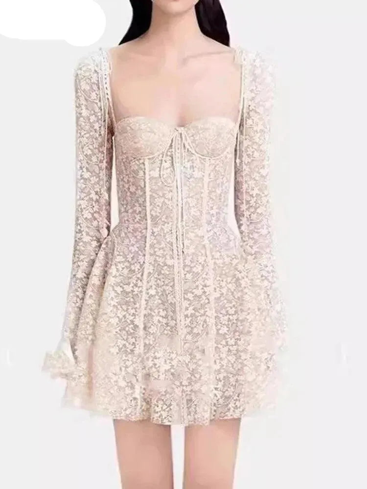 Fairycore Strapless Sweetheart Neckline Lace Dress - Illusion Long Sleeves -Guocali