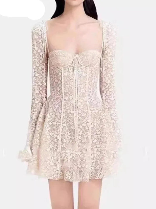 Fairycore Strapless Sweetheart Neckline Lace Dress - Illusion Long Sleeves -Guocali