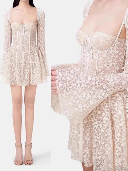 Fairycore Strapless Sweetheart Neckline Lace Dress - Illusion Long Sleeves -Guocali