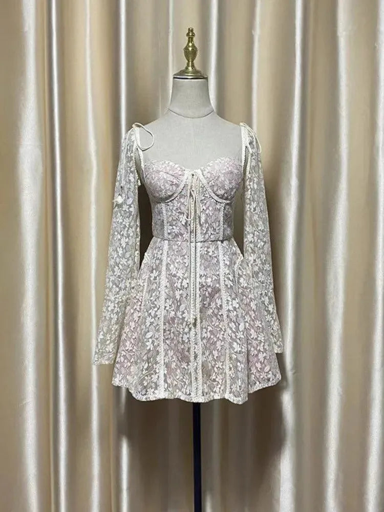 Fairycore Strapless Sweetheart Neckline Lace Dress - Illusion Long Sleeves -Guocali