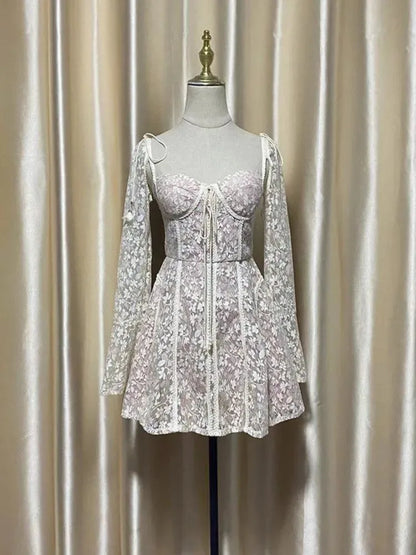 Fairycore Strapless Sweetheart Neckline Lace Dress - Illusion Long Sleeves -Guocali