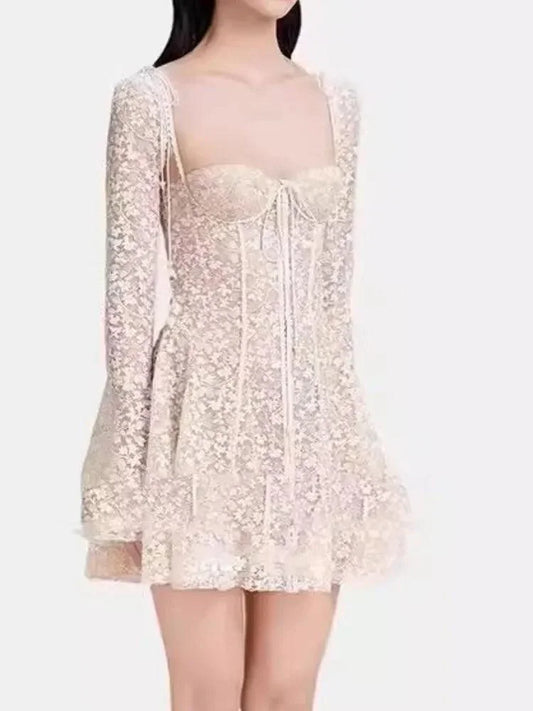 Fairycore Strapless Sweetheart Neckline Lace Dress - Illusion Long Sleeves -Guocali