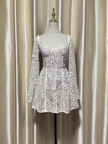 Fairycore Strapless Sweetheart Neckline Lace Dress - Illusion Long Sleeves - Lace Dress - Guocali