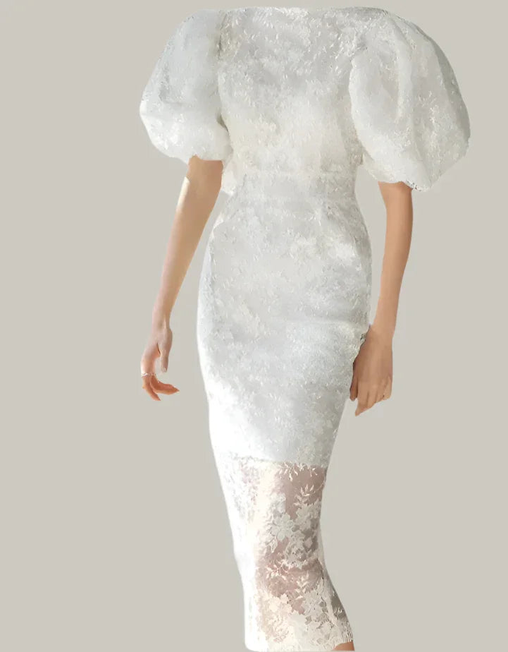 Fashion Bubble Sleeves Lace Sequin Long Dress -Guocali