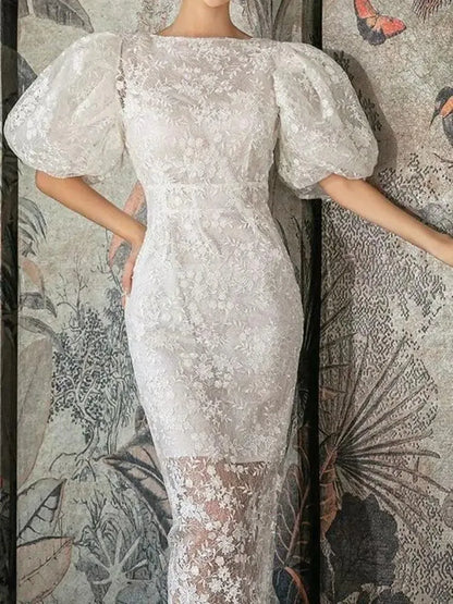 Fashion Bubble Sleeves Lace Sequin Long Dress -Guocali