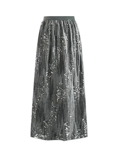 Fashion Women's Sequined A-Line Skirt High Waist Mid Length -Guocali