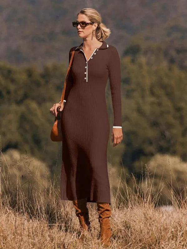 Fashionable Lapel Slim Fit Knitted Dress -Guocali
