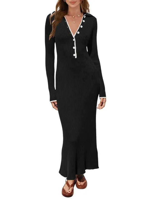 Fashionable Lapel Slim Fit Knitted Dress -Guocali