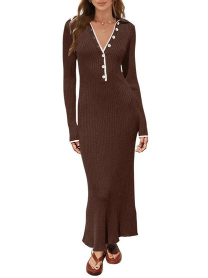 Fashionable Lapel Slim Fit Knitted Dress -Guocali