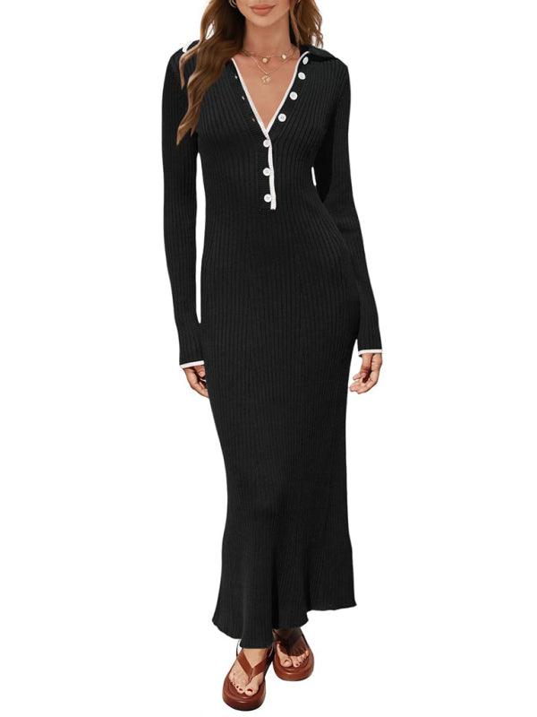 Fashionable Lapel Slim Fit Knitted Dress - Knitted Dress - Guocali