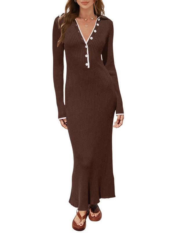 Fashionable Lapel Slim Fit Knitted Dress - Knitted Dress - Guocali