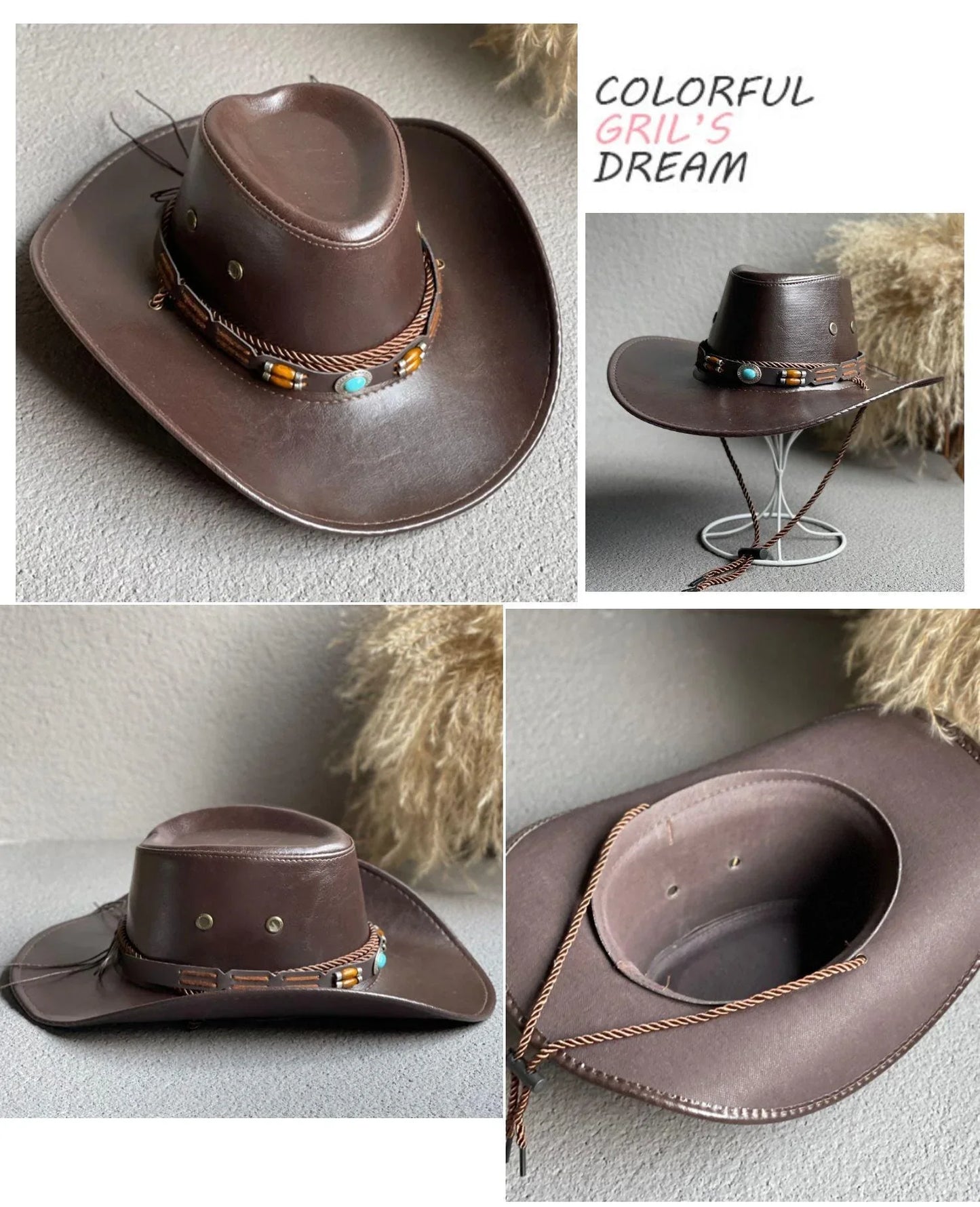 Brown faux leather western cowboy hat with decorative beaded band and chin strap, unisex style.