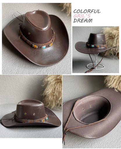 Brown faux leather western cowboy hat with decorative beaded band and chin strap, unisex style.