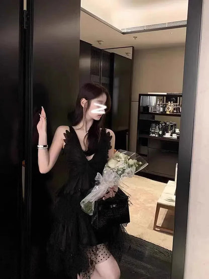 Feather Hollow V-Neck Suspender Dress -Guocali