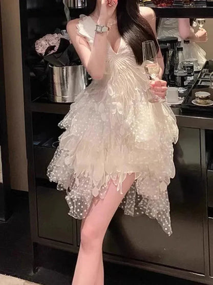 Feather Hollow V-Neck Suspender Dress -Guocali