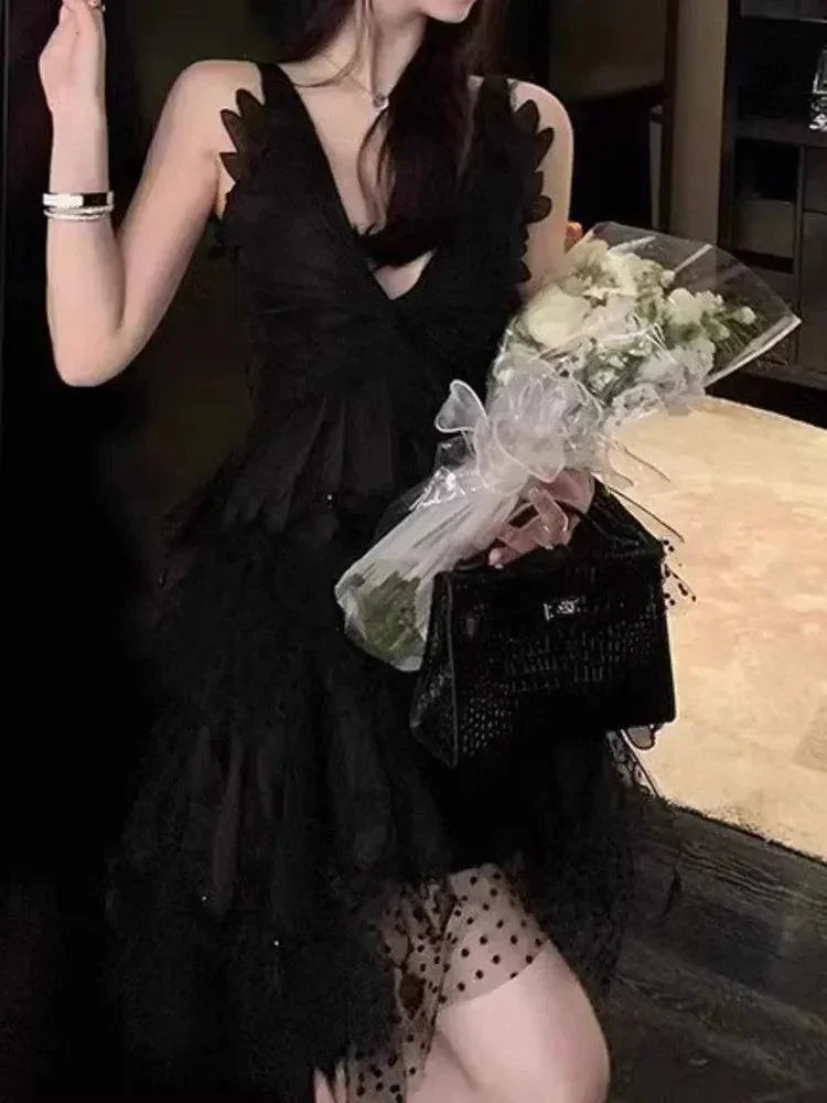 Feather Hollow V-Neck Suspender Dress -Guocali