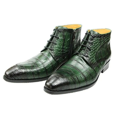 Men's green crocodile-embossed leather ankle boots with side zip and laces