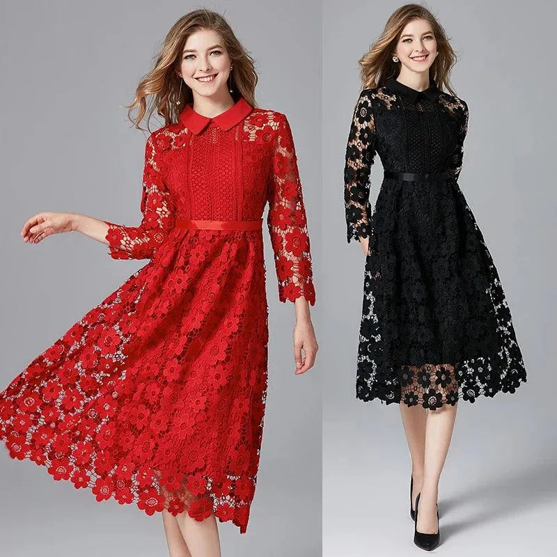 Floral Lace Collar Work Dress -Guocali