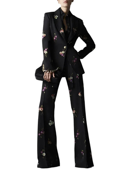Floral Pant Suit - Notched Collar Women Trouser Suit -Guocali